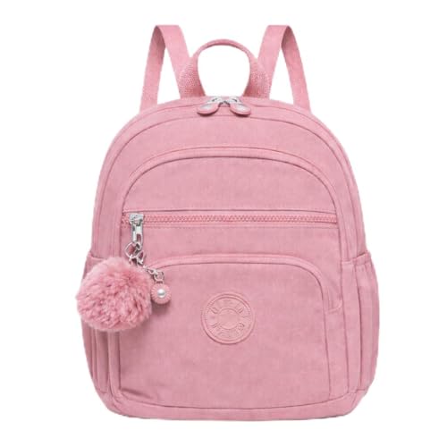 Mini Mochila Feminina de Nylon Impermeável, Extremamente Leve e Resistente a Água, Mochila Pequena com Pompom, Mochilinha Versátil com 4 Zíperes (Rosa Fosca)