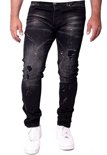 Reslad Jeans Herren Color-Splashes Stretch Denim Destroyed Jeanshose Männer-Hose Slim Fit RS-2101 Schwarz W30 / L32 Cover
