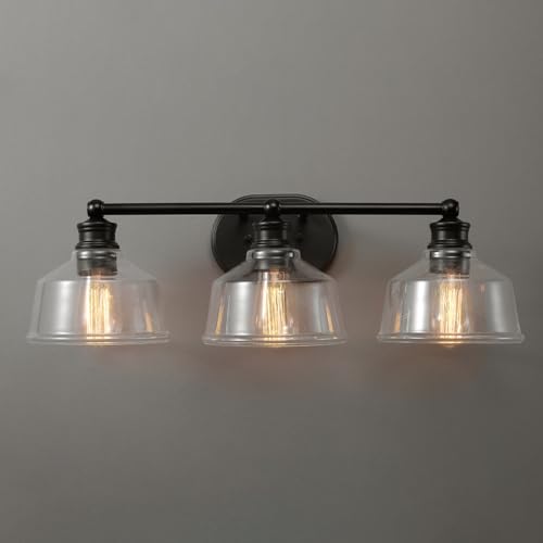 Image of Globe Electric 4-Piece All-in-One Bathroom Set, Matte Black, 3-Light Vanity Light with Clear Glass Shades, Towel Bar, Toilet Paper Holder, Towel Ring