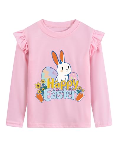 Image of Tkria Toddler Girls Happy Easter T-Shirt Bunny Eggs Ruffle Long Sleeve Shirt Kids Tee Top 2-7T