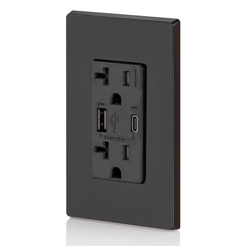 Image of Leviton T5834-E 60W (20V@2.5A+ 5V@2A) USB Dual Type A /Type-C Power Delivery in-Wall Charger with 20A Tamper-Resistant Outlet, USB Charger for Smartphones, Tablets, Laptops, Black