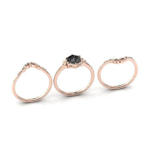 Natural Hexagon Black Rutilated Quartz Engagement Ring Set 925 Sterling Silver Rings for Her with Free Engraving Jewelry Gift for Women Black Rutilated Quartz Vintage Ring Set Size 4-15 -43