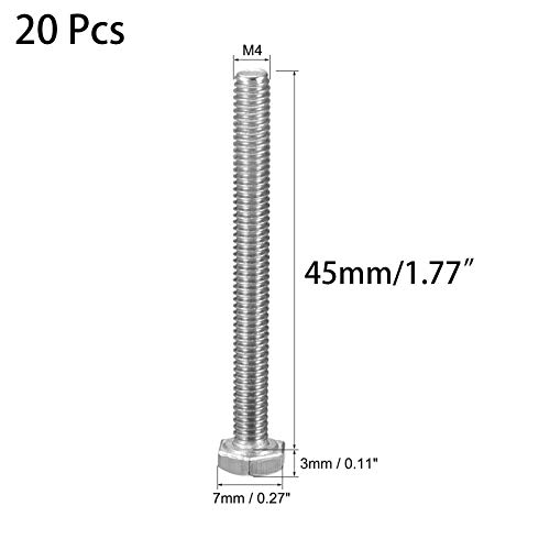 Image of 20 Pcs M4 Hex Bolt M4-0.7 x 45mm UNC Hex Head Screw Bolts A2-70(304) Stainless Steel Fully Threaded Hex Tap Bolts,Plain Finish,Fully Threaded (M4 x 45mm)
