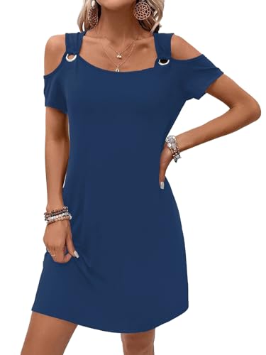 Image of GUNEST Womens Summer Dress Cold Shoulder Scoop Neck Short Sleeve Spaghetti Strap with O Ring Fashion Sundress with Pockets
