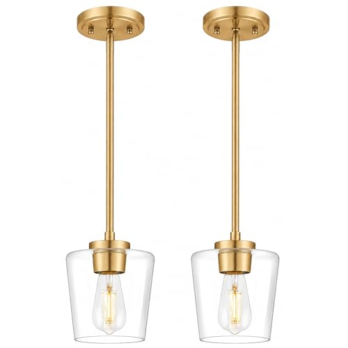 Image of 2-Pack Gold Pendant Lights Kitchen Island, 6 inch Clear Glass Shade | Modern Kitchen Pendant Lighting Over Island for Dining Room, Adjustable Height, E26 Base, Brushed Gold, AD-22004-1P2-GD-C