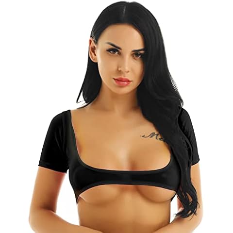 FEESHOW Womens Teen Girls O Neck Short Sleeve Yes Daddy Crop Tops Cotton T-Shirts Sheer Black One Size Cover