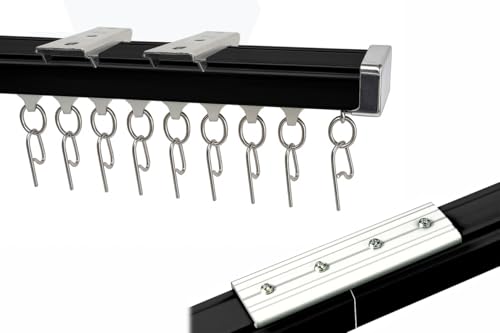 Image of MetDeals Aluminium Deluxe Silent Channel Curtain Track with Connector & Runners & Ceiling Fit,Hook,End Caps, Screw & Wall Plug|Curtain Rail System for Home & Office(Black Color,4+4 Feet)