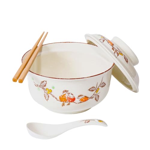 Ceraozmus Juego de cuencos de cerámica para ramen de 800 ml con tapa, cuchara y palillos, cuencos de sopa grandes vintage japoneses, cuenco de fideos instantáneos, vajilla asiática (Pájaro*1)
