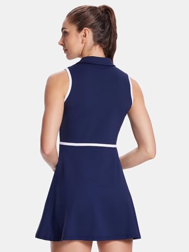 Women's Tennis Dress with Detachable Pocket Shorts, Convertible V-Neck & Polo Collar for Golf Gym2