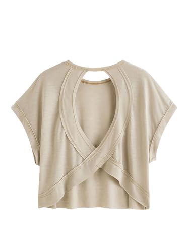 Image of SOLY HUX Women Open Back Tops Workout Backless Tee Casual Athletic Shirts Short Sleeve Oversized Gym T Shirt