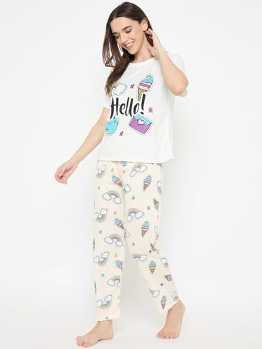 Image of CAMEY Women's Printed Pyjama Set, Short Sleeve T-Shirt and Trousers, Women Nightsuit, Loungewear Sets