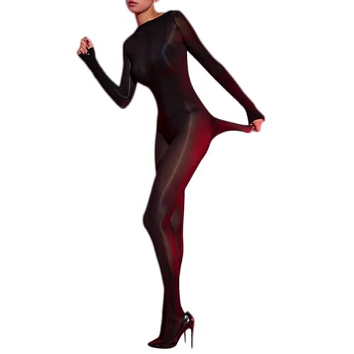 RUIBAVYA Bodystocking Sexy Femme Collant Brillant Huileux Bodystocking Manches Longues Catsuit Nylon Bodysuit Ouvert Entrejambe Collant Shiny