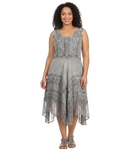Image of Sakkas Sundara Stonewashed Rayon Embroidered Mid Length Dress