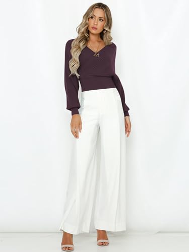 ZAFUL Women's Wrap V Neck Knit Cropped Sweater Lantern Long Sleeve Sexy Cross Ribbed Drop Shoulder Pullover Tops4