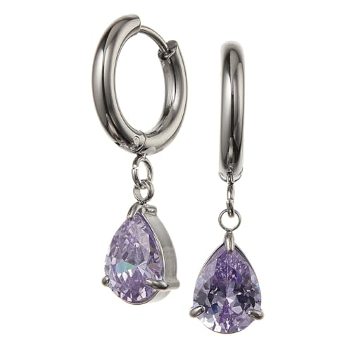 Piena フープピアス レディース サージカルステンレス製 両耳用 ティアドロップ 揺れる つけっぱなし 低刺激 金属アレルギー対応 (シルバー×ラベンダーアメジスト)