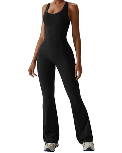 Acrawnni Flare Jumpsuits for Women Sleeveless Spaghetti Straps U Neck Backless Hollowed Romper Bodycon Full Length Yoga Romper Playsuit (B-Black, XL)