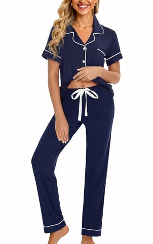 Image of WJing Yi Jia Womens Soft Pajamas Set XS-XXL Button Down Sleepwear Short Sleeves Pajama sets with Long Pants Pj Set Nightwear