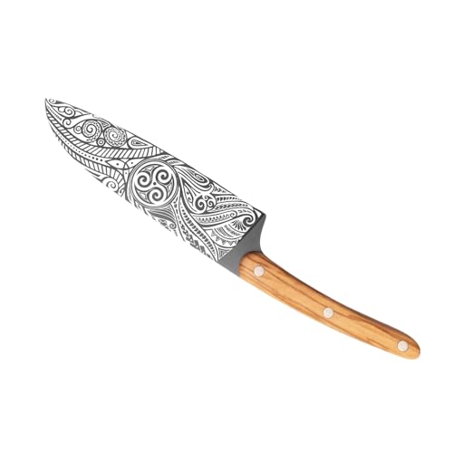 deejo - Couteau Sankai Pleine Soie - Manche en Bois d’Olivier Riveté, Motif Triskell - Lame en Acier Inoxydable X50CRMOV15, Finition Titane Gris Anthracite – vue 2