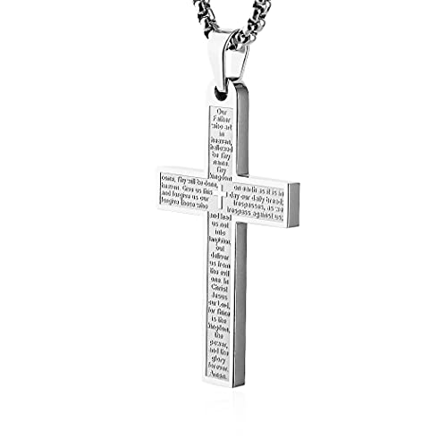 Makeztsd Bible Cross Necklace For Women Men, Stainless Steel Lord's Prayer Pendant Necklace, Delicate Necklace Of Faith, 24In Chain (Silver) #TOP1