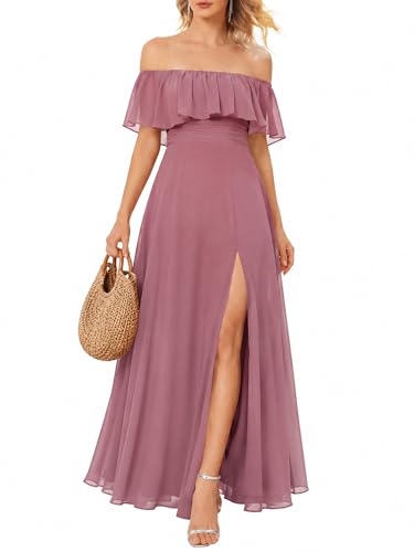 Image of Ever-Pretty Women's Summer Off The Shoulder Flowy Chiffon Formal Wedding Guest Dresses Maxi Side Split Beach Bridesmaid Dress