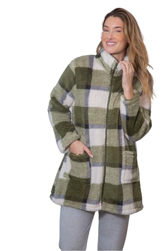 MUSLHER Bata de Invierno para Mujer, Cuadros Verde y Blanco, Tejido Polar Suave, 100% Poliéster (FR/ES, Letras, M, Regular, Regular, Verde)