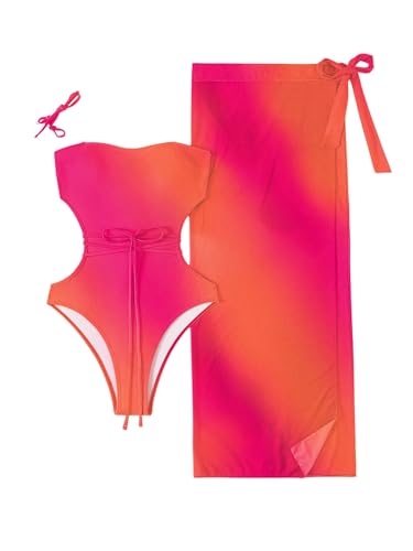Milumia Women's Ombre Strapless Cut Out One Piece Swimsuit with Cover Up Skirts