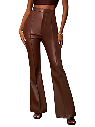 SheIn Women's Flare Leg PU Leather Pant High Waist Seam Front Trouser Chocolate Brown Large