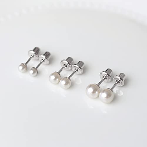 925 Sterling Silver Small Pearl Earrings with safety backs in 4mm White Simulated Pearl Hypoallergenic Screwback Earrings for Women (pearl-w4mm)4