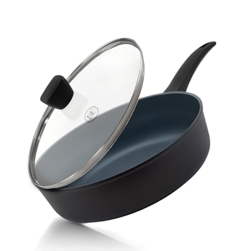 BE Living Poêle Sauteuse avec Couvercle - Ø 28 cm, Bord Haut, Revêtement Céramique Antiadhésif, Induction, Sans PTFE et PFOA, Noir