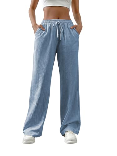 Image of TOPLOT Women's Linen Blend Wide Leg Palazzo Pants | Elastic Drawstring Waist Trousers for Woman | Relaxed Fit Casual Lounge Trousers | Breathable Straight Leg Everyday Bottom Wear (5268)