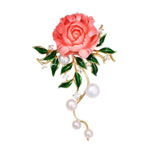 Red Resin Peony Flower Pin with Green Enamel Leaves, Elegant Pearl Accent, Pink Peony Flower, Floral Dress Accessory