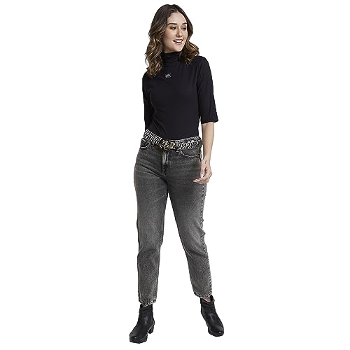 Image of Spykar High Neck 3 /4Th Sleeve Solid Slim Fit T-Shirt for Women