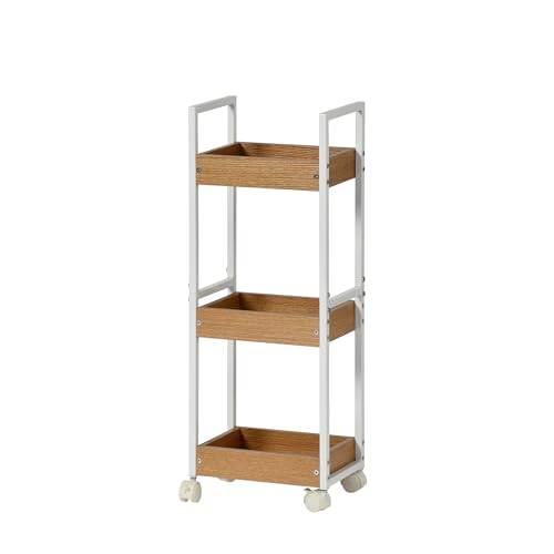 EGGREE Carrito Auxiliar con Ruedas de 3 Niveles, Estantes Nicho de Madera, Mueble Auxiliar Baño, Verdulero Cocina con Ruedas, Ahorra Espacio, 30 x 20 x 80 cm, Blanco