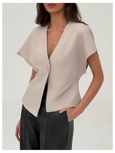 Verdusa Women's Dolman Short Sleeve Blazer V Neck Button Front Work Business Jackets4