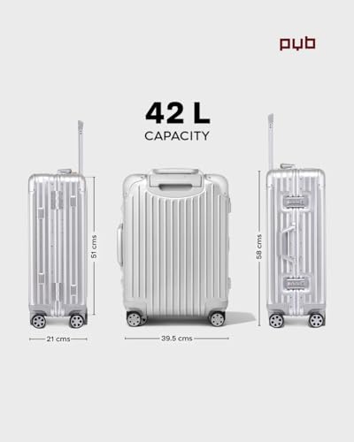 Image of PYB Autograph - Premium Full Aluminium Trolley Bags for Travel, Zipless Cabin 20 inch Suitcase with TSA Lock, Noiseless 360 Rotating 8 Wheels, Compression Pads and Divider (Silver)