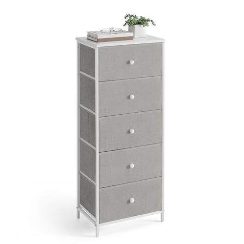 SONGMICS Cómoda Mueble de Almacenamiento para Dormitorio, Columna de Almacenamiento de Tela con 5 cajones, Marco de Metal, Gris Claro y Blanco LTS315G01