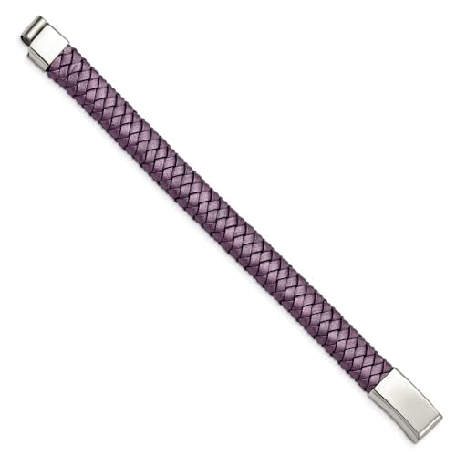 Stainless Steel Polished Metallic Purple Braided Leather Bracelet 7.5"2