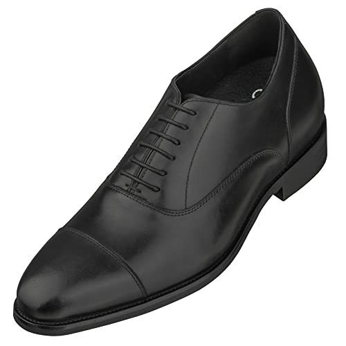 CALTO Men's Invisible Height Increasing Elevator Shoes - Black Premium Leather Lace-up Super Lightweight Formal Oxfords - 3 Inches Taller - S3032 - Size 7 D(M) US