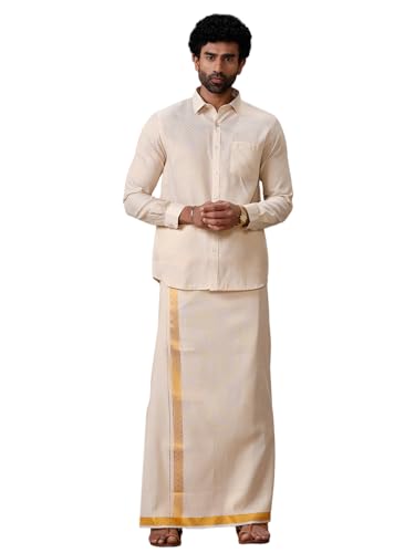 Image of RAMRAJ COTTON Men Gold Tissue Jacquard Full Sleeves Shirt with Matching Dhoti Set