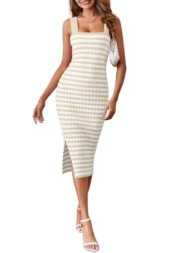 LEANI Women's 2025 Summer Bodycon Midi Dress Striped Square Neck Sundress Side Slit Knit Beach Vacation Dresses2