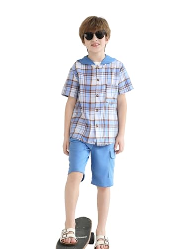 Image of Boys Clothes Shorts Sets Plaid Short Sleeve Hooded Button Shirt and Jogger Shorts for Kids Summer Outfits