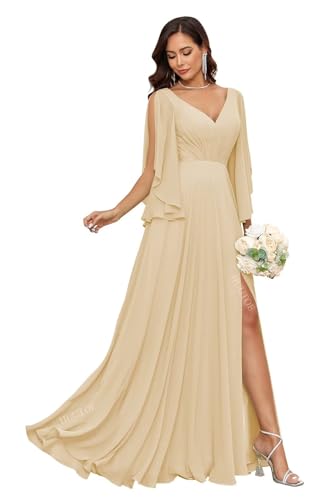 Image of HUUTOE Chiffon V Neck Champagne Bridesmaid Dresses Long with Sleeves A-Line Formal Dress for Women Wedding Guest 2026 M US6
