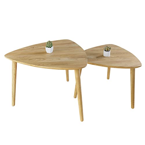 Lumarc Rimini, Juego de 2 Mesas de Centro Hechas a Mano en Madera Maciza de Roble Natural en Stilo Industrial Minimalista Moderno, Triangular, 60x60x43 cm / 50x50x38 cm