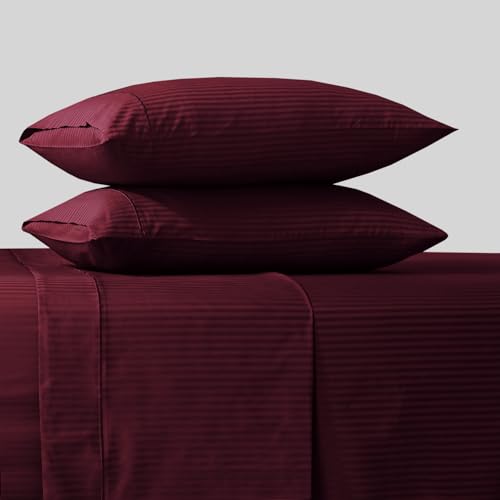 Image of Feather & Stitch 500 TC Split King Size Sheet Set, 5 Piece Sheets Set-2 Twin Fitted Sheet, 1 King Flat Sheet & 2 King Pillowcases, 18 inch Deep Pockets Sateen Weave Striped Bedsheet - (Burgundy Stripe)