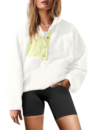 Yanekop Womens Fuzzy Fleece Pullover Sherpa Sweatshirt Long Sleeve Button Down Sweater Winter Fleece Jacket with Pockets