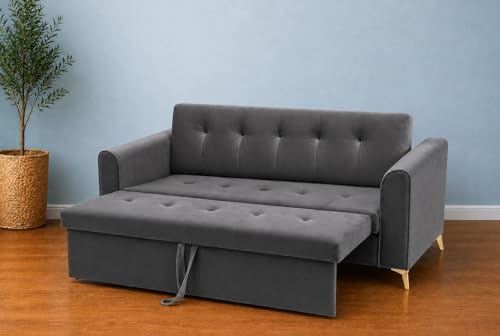 Image of Adorn India Premium Mystic - 3 Years Warranty - 3 Seater Sofa Cum Bed Velvet Suede Fabric - Dark Grey