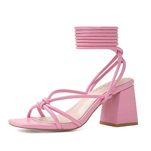 Image of Shoe'N Tale Lace Up Heels for Women Ankle Strappy Gladiator High Heeled Sandals Chunky Block Heel Square Open Toe Criss Cross Dress Shoes