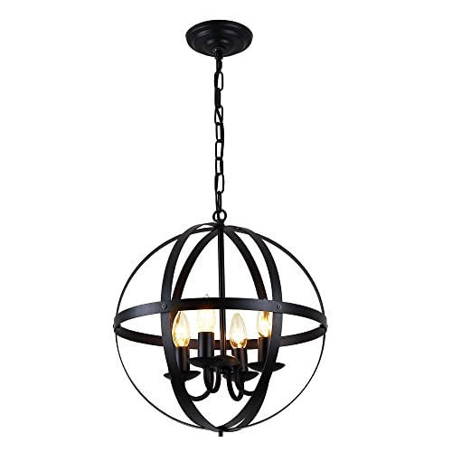 Industrial Hängelampe Schwarz Vintage Kronleuchter Metall Kugel Esstisch Pendelleuchte Retro Mit 4-er Kerzen Hängeleuchte E14 Sphärische Lampenschirm Deko Für Schlafzimmer Wohnzimmer Küche Flur Ø44CM Cover