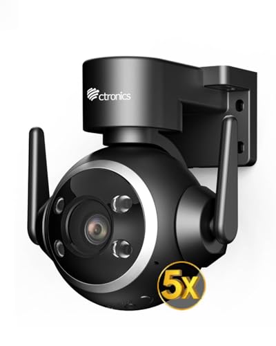 Ctronics Cámara Vigilancia WiFi Exterior con Zoom Óptico 5X, Detección Humana AI, Visión Nocturna a Color, 5GHz WiFi, Alarma Sonora/Luminosa, PC & App, FTP/NAS/Cloud, Instalación en Pared/Techo