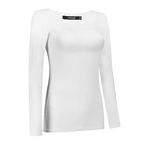 Othread & Co. Women's Long Sleeve T-Shirt Scoop Neck Basic Layer Stretchy Shirts (Small, White) #TOP2